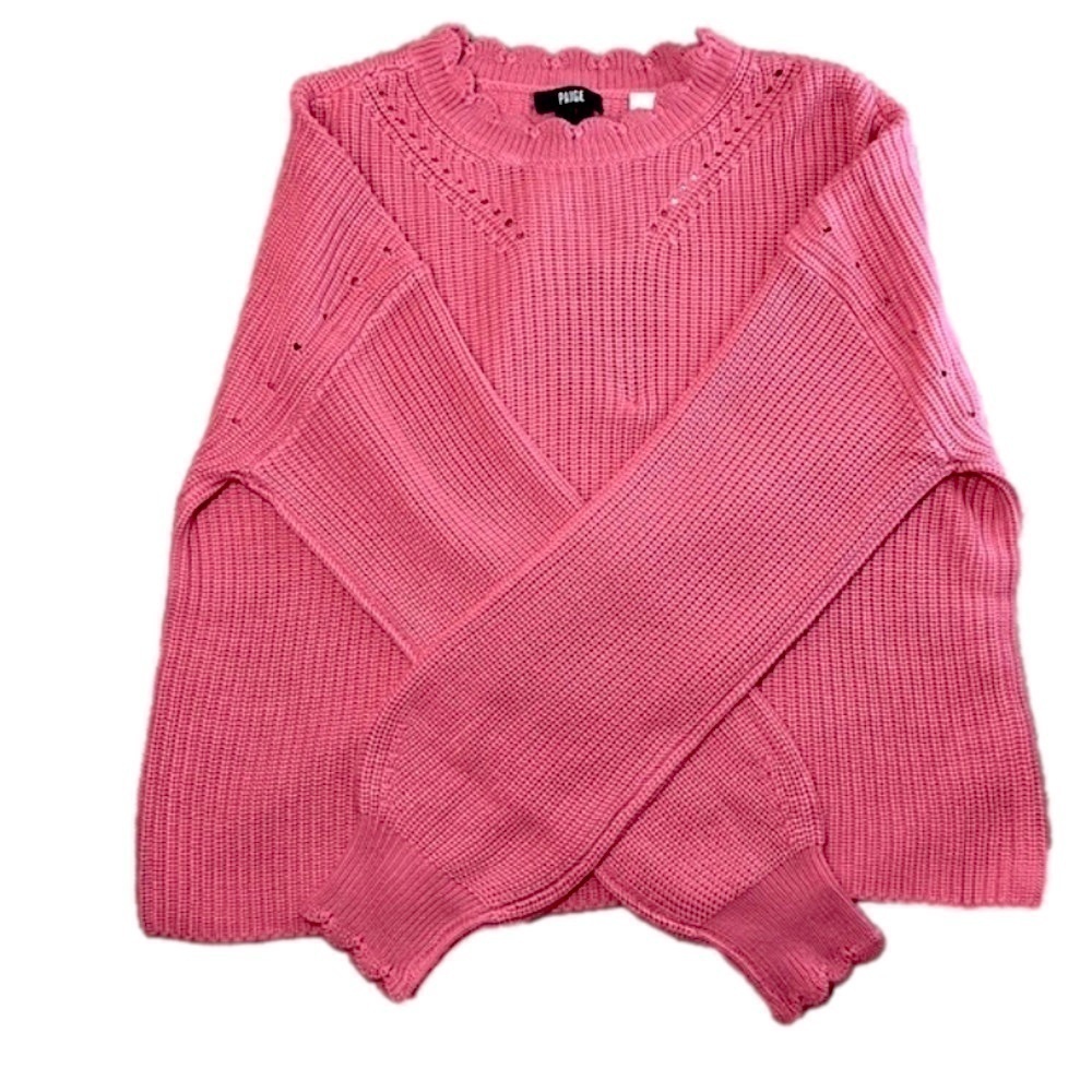 PAIGE Yenni Balloon Sleeve Sultry Rose Scalloped Crew Neck Sweater - Sz Med, NWT - Picture 8 of 14